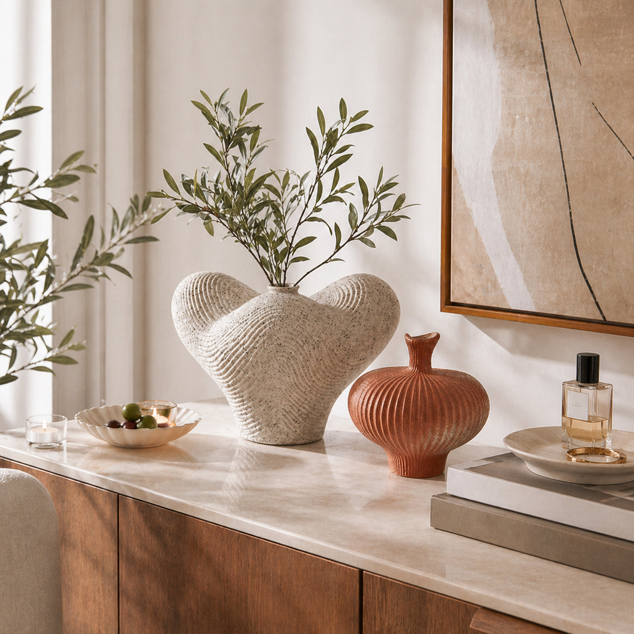 Wabi-Sabi Ribbed Ceramic Vase for Shelf, Console Table & Organic Modern Decor