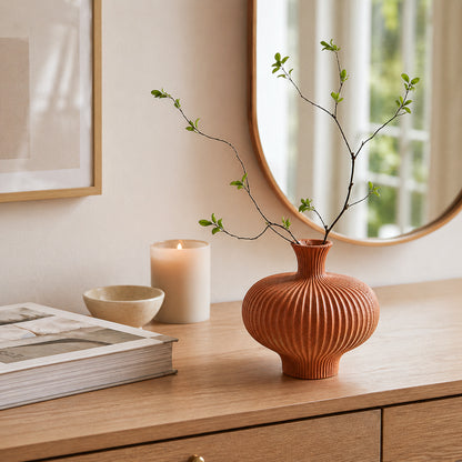 Wabi-Sabi Ribbed Ceramic Vase for Shelf, Console Table & Organic Modern Decor