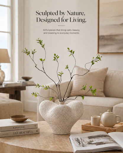 Wabi-Sabi Ribbed Ceramic Vase for Shelf, Console Table & Organic Modern Decor