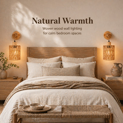 Woven Rattan Wall Sconce Set of 2 for Bedroom, Warm Japandi Bedside Lighting