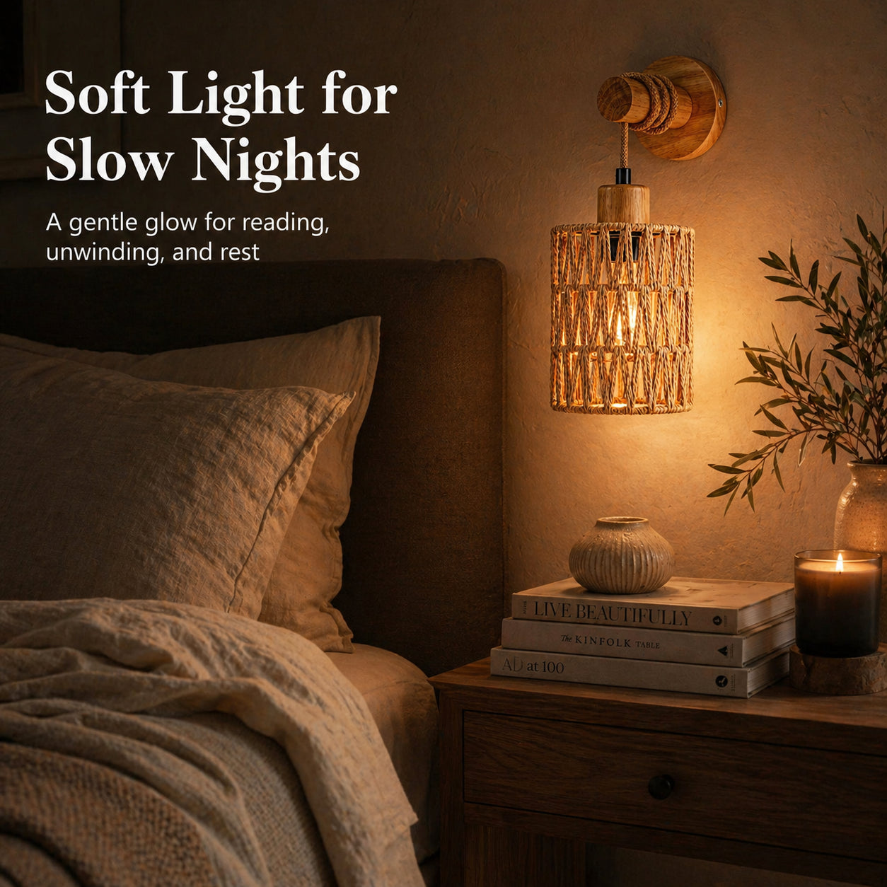 Woven Rattan Wall Sconce Set of 2 for Bedroom, Warm Japandi Bedside Lighting