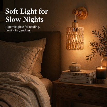 Woven Rattan Wall Sconce Set of 2 for Bedroom, Warm Japandi Bedside Lighting