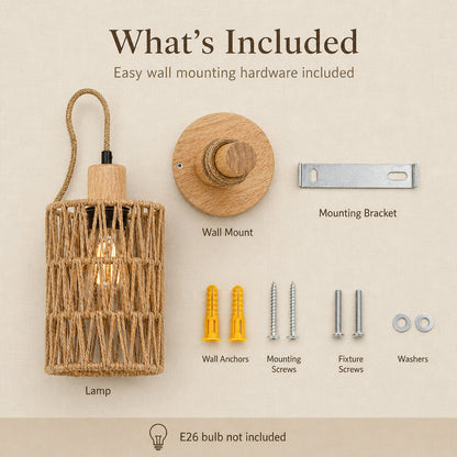 Woven Rattan Wall Sconce Set of 2 for Bedroom, Warm Japandi Bedside Lighting