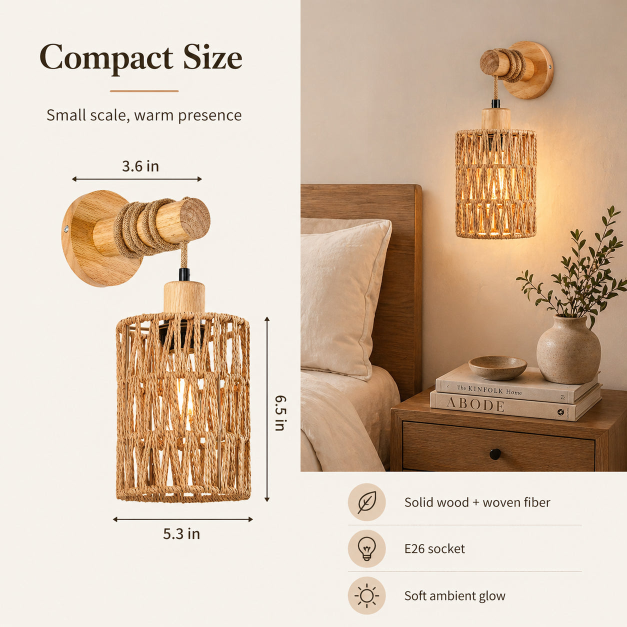 Woven Rattan Wall Sconce Set of 2 for Bedroom, Warm Japandi Bedside Lighting