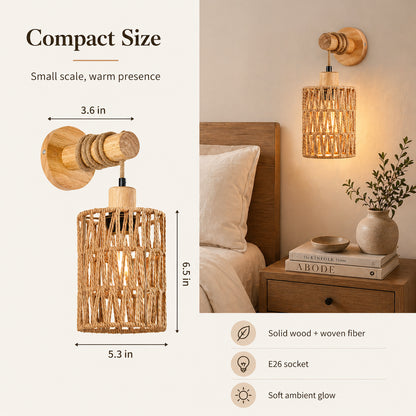 Woven Rattan Wall Sconce Set of 2 for Bedroom, Warm Japandi Bedside Lighting