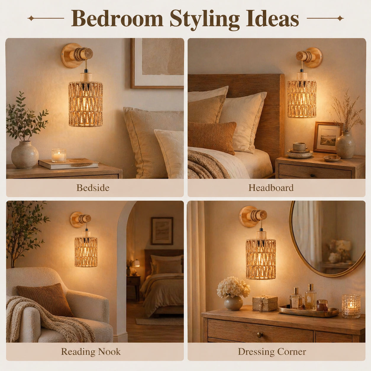 Woven Rattan Wall Sconce Set of 2 for Bedroom, Warm Japandi Bedside Lighting