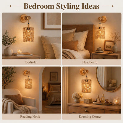 Woven Rattan Wall Sconce Set of 2 for Bedroom, Warm Japandi Bedside Lighting