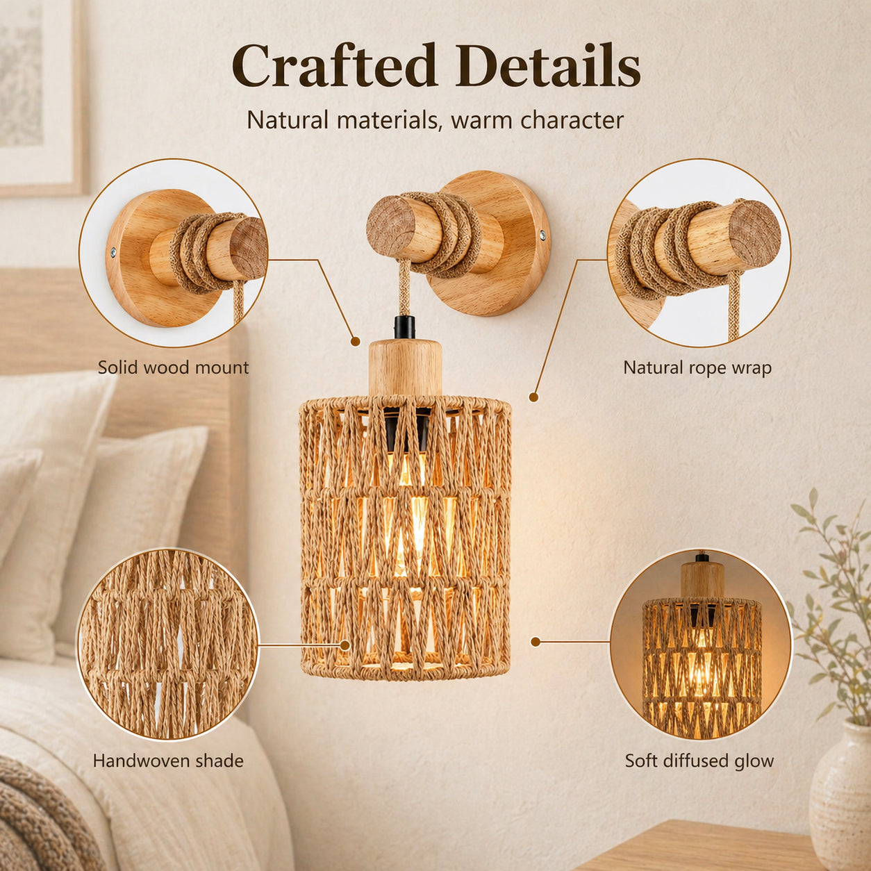 Woven Rattan Wall Sconce Set of 2 for Bedroom, Warm Japandi Bedside Lighting