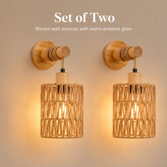 Woven Rattan Wall Sconce Set of 2 for Bedroom, Warm Japandi Bedside Lighting