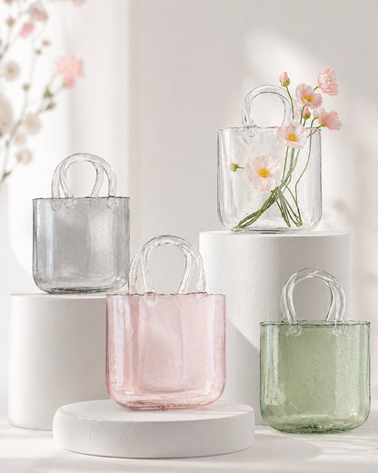 Clear Glass Handbag Purse Vase for Flowers, Vanity Decor & Table Centerpiece
