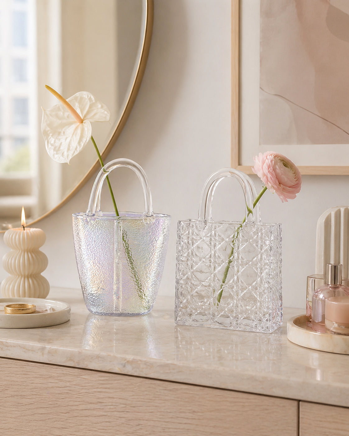 Clear Glass Handbag Purse Vase for Flowers, Vanity Decor & Table Centerpiece
