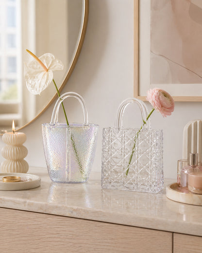Clear Glass Handbag Purse Vase for Flowers, Vanity Decor & Table Centerpiece