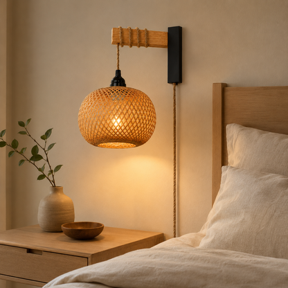 Bamboo Woven Plug-In Wall Sconce, Pendant & Ceiling Light for Japandi Bedroom Decor