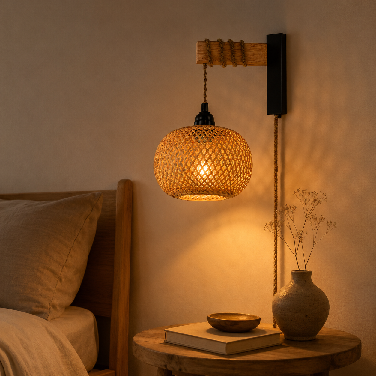 Bamboo Woven Plug-In Wall Sconce, Pendant & Ceiling Light for Japandi Bedroom Decor