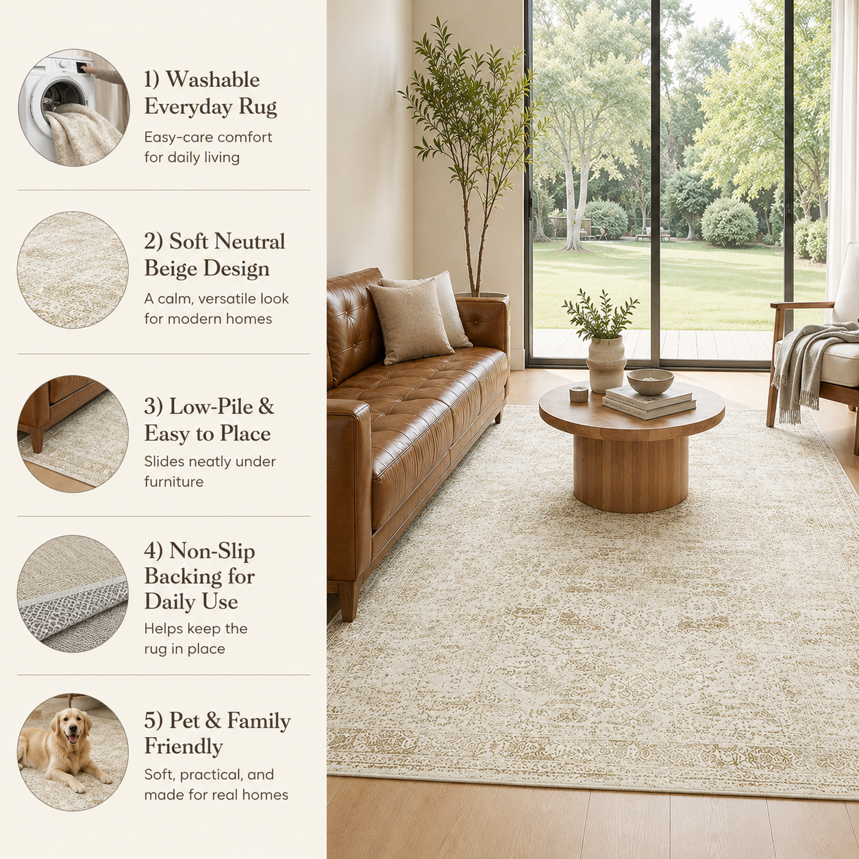 6'7" x 9'10" Washable Vintage Area Rug, Low-Pile Non-Slip Rug for Living Room & Bedroom