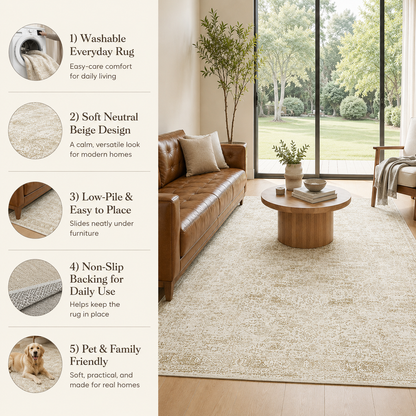 6'7" x 9'10" Washable Vintage Area Rug, Low-Pile Non-Slip Rug for Living Room & Bedroom