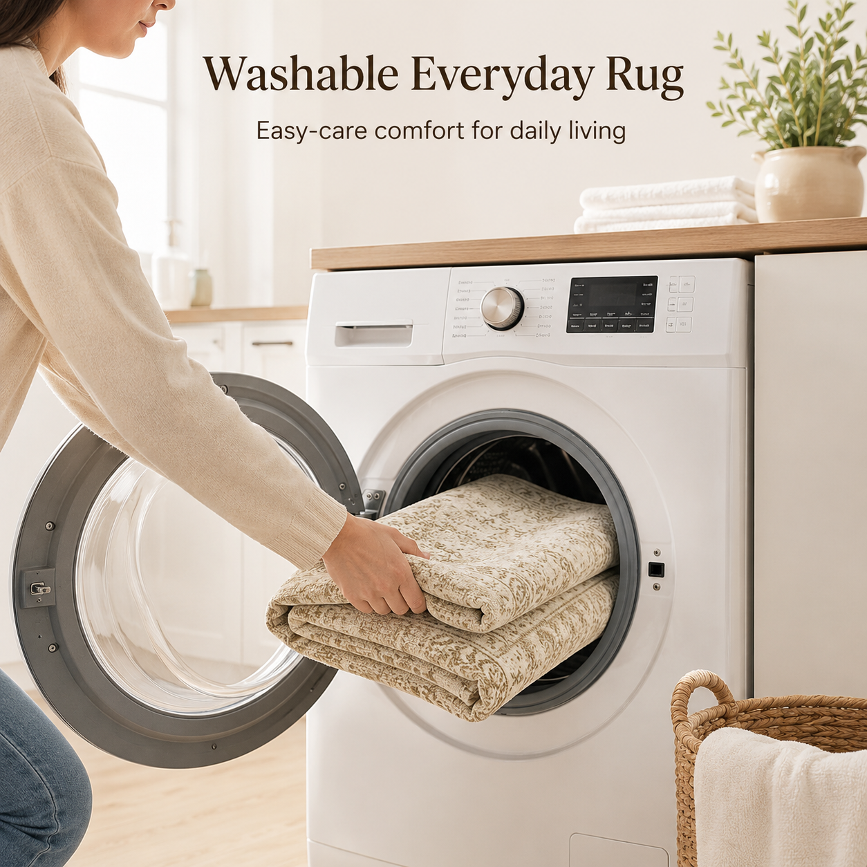 6'7" x 9'10" Washable Vintage Area Rug, Low-Pile Non-Slip Rug for Living Room & Bedroom