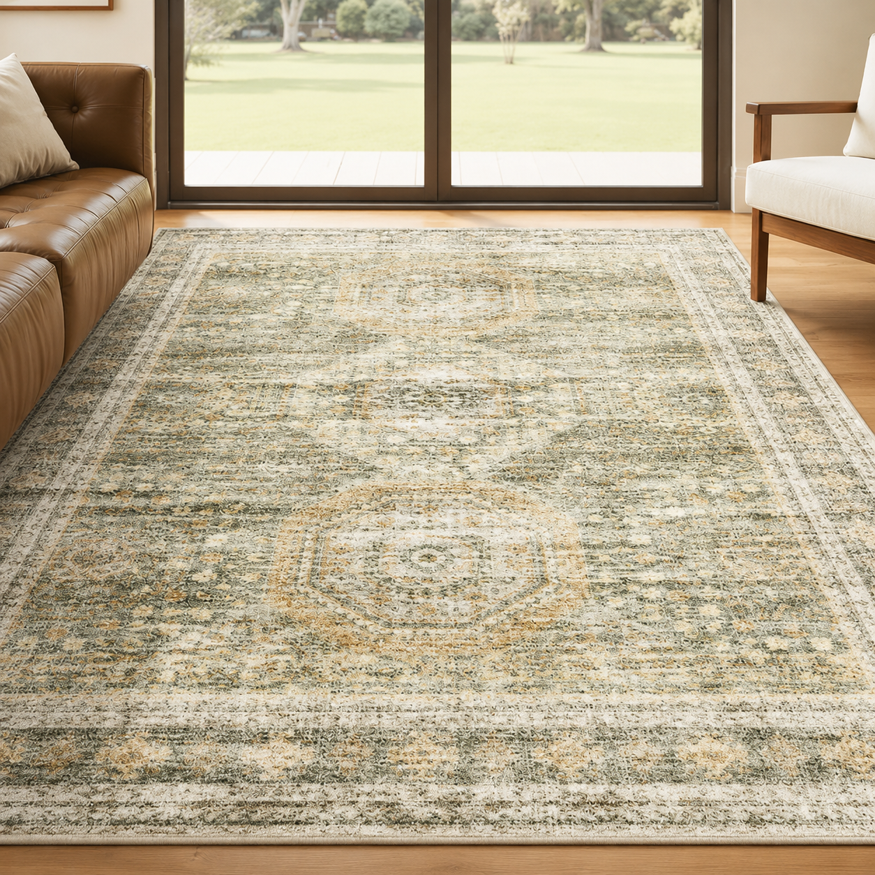 6'7" x 9'10" Washable Vintage Area Rug, Low-Pile Non-Slip Rug for Living Room & Bedroom