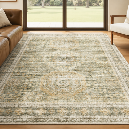 6'7" x 9'10" Washable Vintage Area Rug, Low-Pile Non-Slip Rug for Living Room & Bedroom