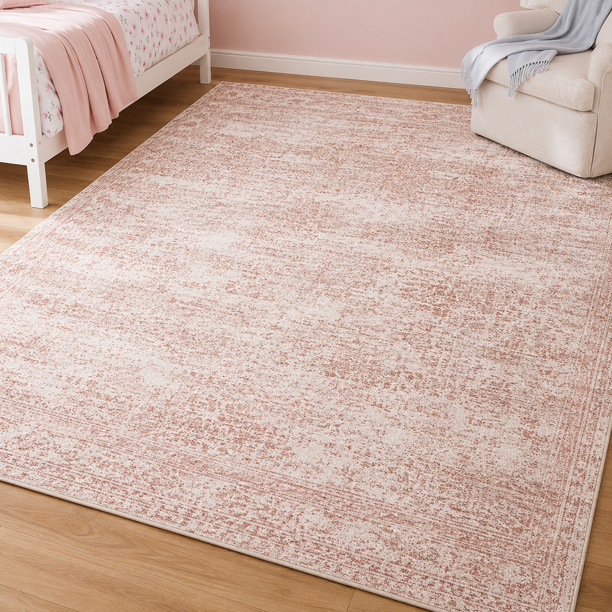 6'7" x 9'10" Washable Vintage Area Rug, Low-Pile Non-Slip Rug for Living Room & Bedroom