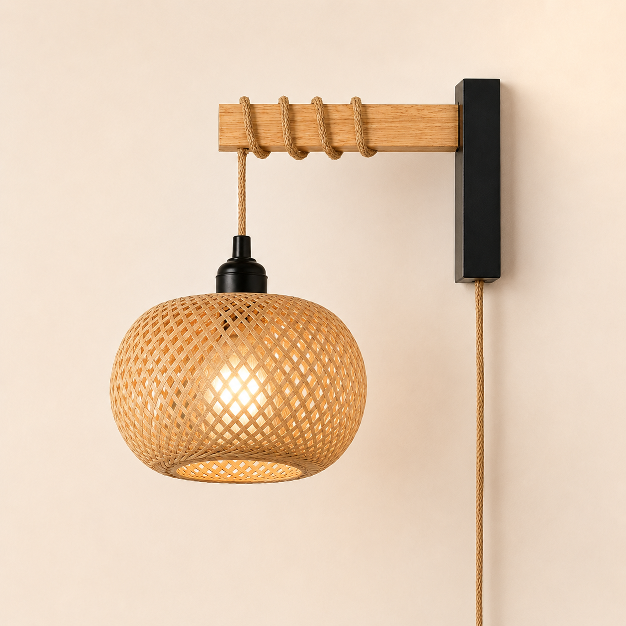 Bamboo Woven Plug-In Wall Sconce, Pendant & Ceiling Light for Japandi Bedroom Decor
