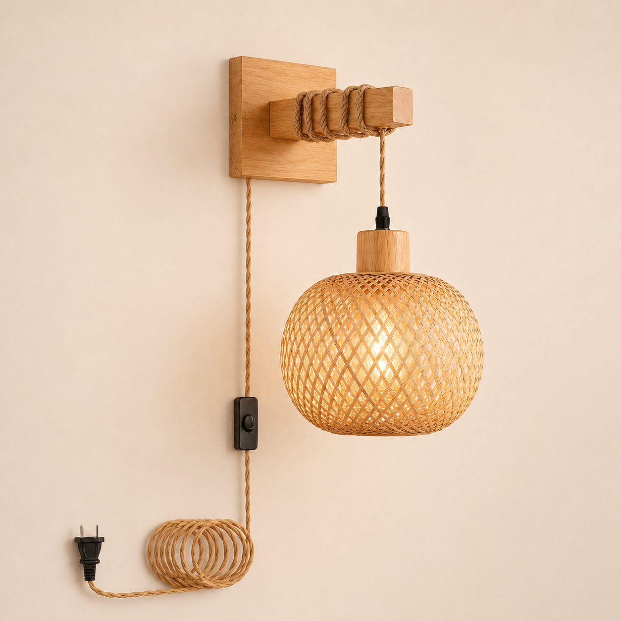 Bamboo Woven Plug-In Wall Sconce, Pendant & Ceiling Light for Japandi Bedroom Decor