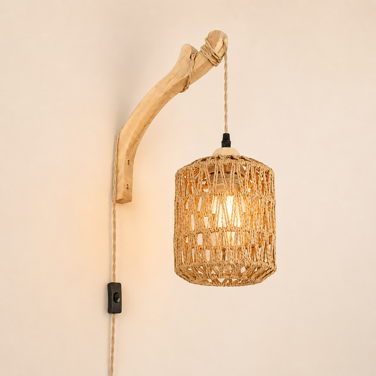 Bamboo Woven Plug-In Wall Sconce, Pendant & Ceiling Light for Japandi Bedroom Decor