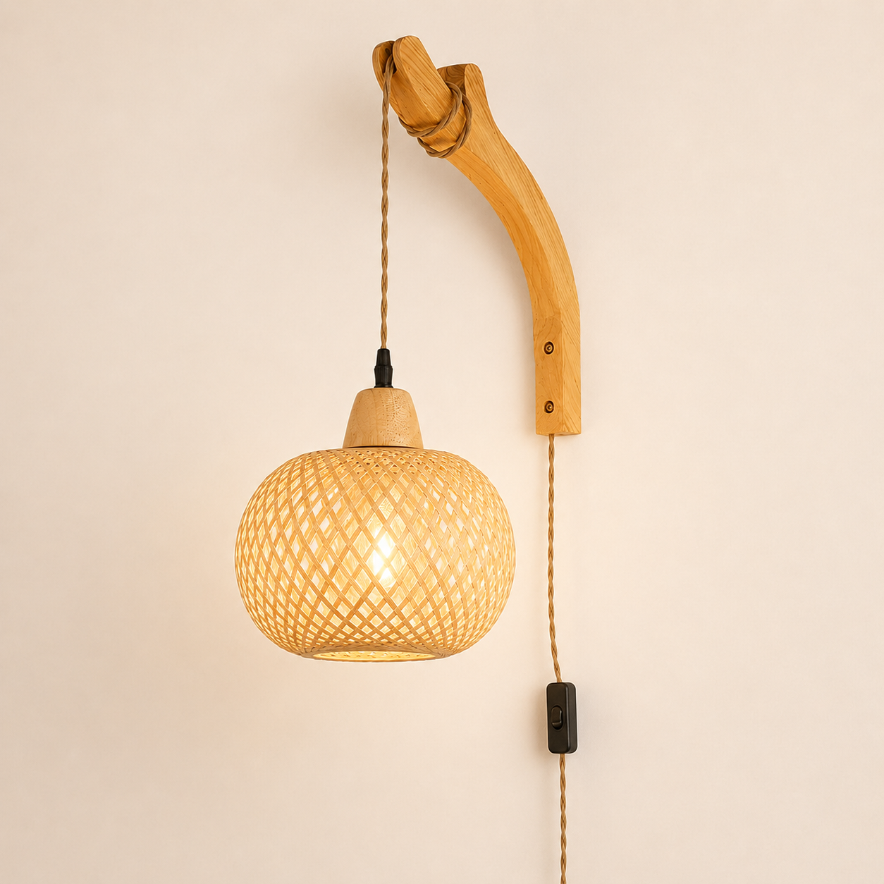 Bamboo Woven Plug-In Wall Sconce, Pendant & Ceiling Light for Japandi Bedroom Decor