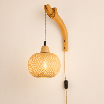 Bamboo Woven Plug-In Wall Sconce, Pendant & Ceiling Light for Japandi Bedroom Decor