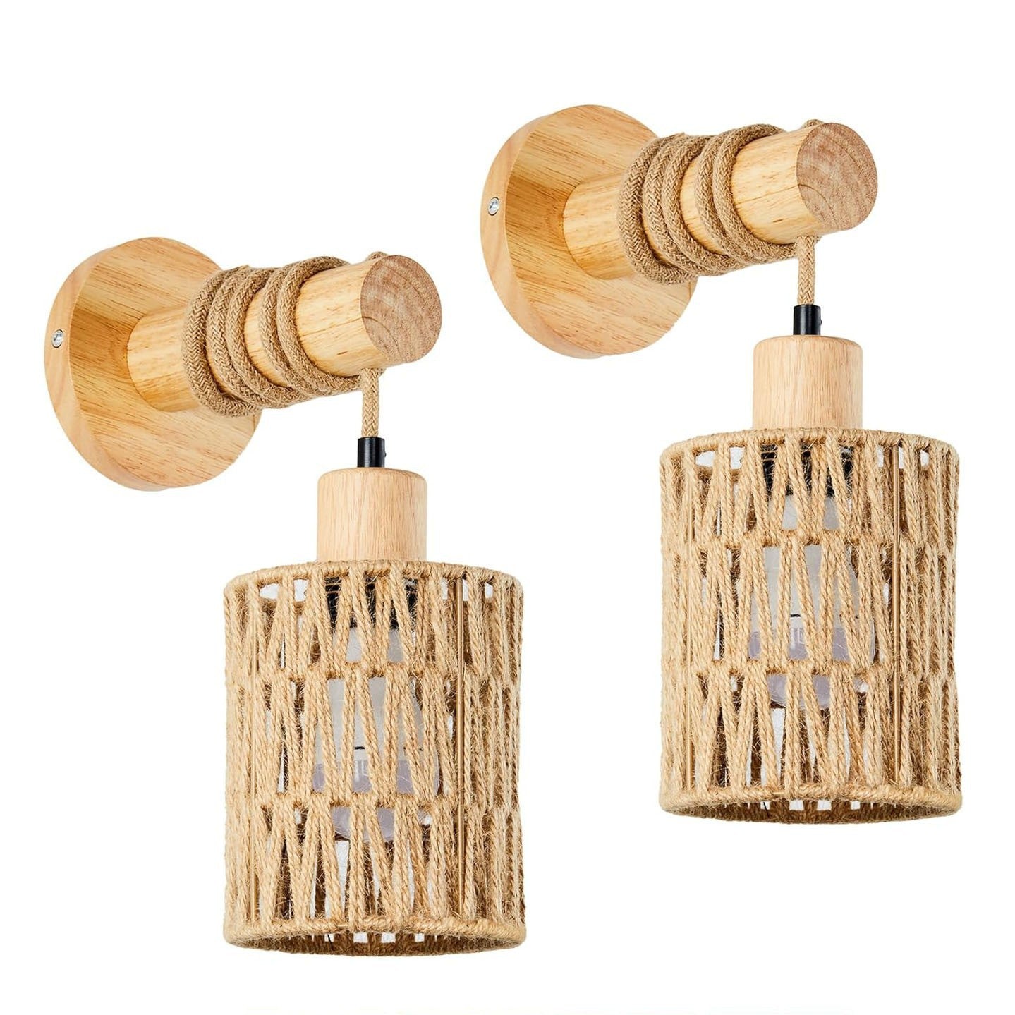 Woven Rattan Wall Sconce Set of 2 for Bedroom, Warm Japandi Bedside Lighting