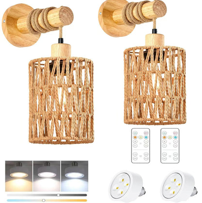 Woven Rattan Wall Sconce Set of 2 for Bedroom, Warm Japandi Bedside Lighting