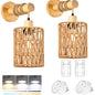 Woven Rattan Wall Sconce Set of 2 for Bedroom, Warm Japandi Bedside Lighting